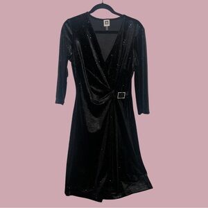 🖤✨Crushed Black Velvet Sparkle Dress with Rhinestone Belt Accent